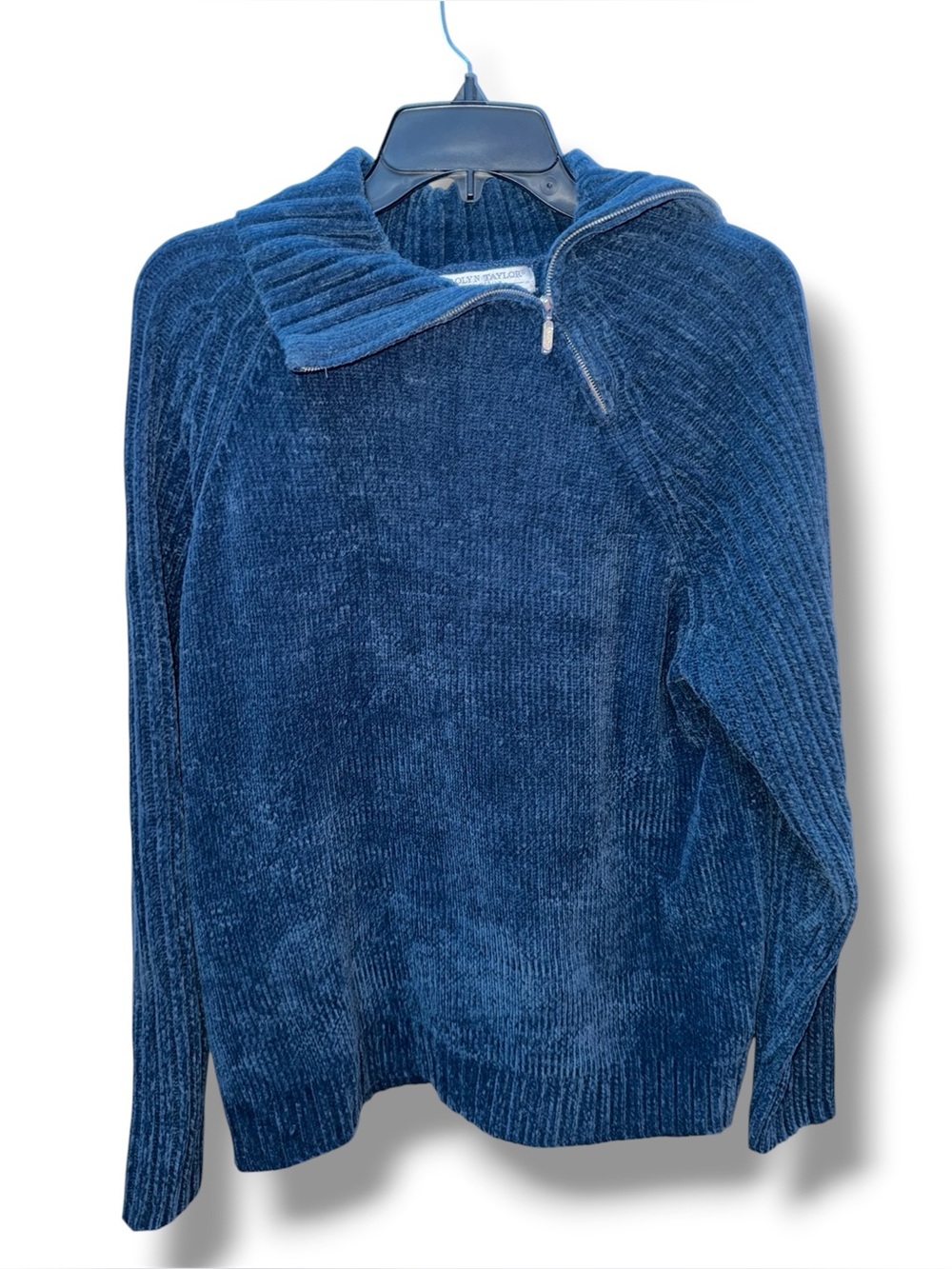 Carolyn Taylor Deep Blue Chenille Asymmetrical Half-Zip Sweater, size L